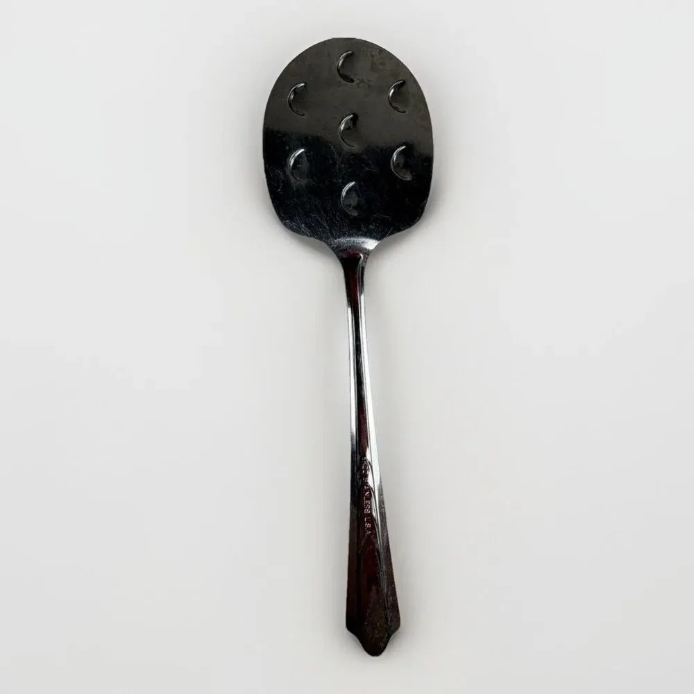 Vintage Ekco Silver Tomato Serving Spoon 9” Slotted Midcentury‎ Geometric